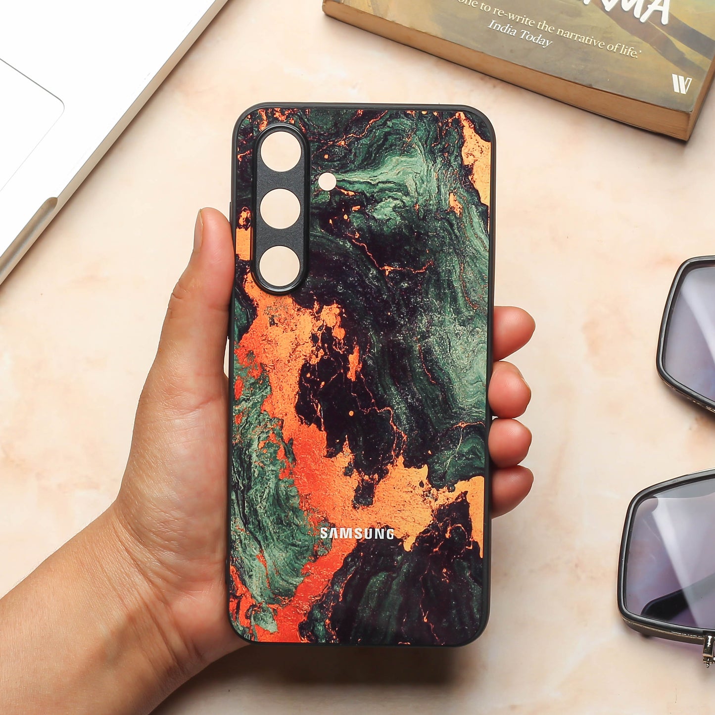 Green Golden elegance marble metal back case for Samsung S23 FE