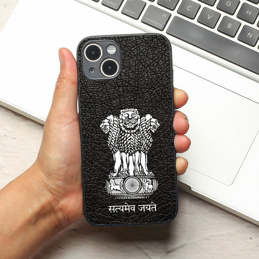 Black Satyamev Jayate metal back case for Apple Iphone 15