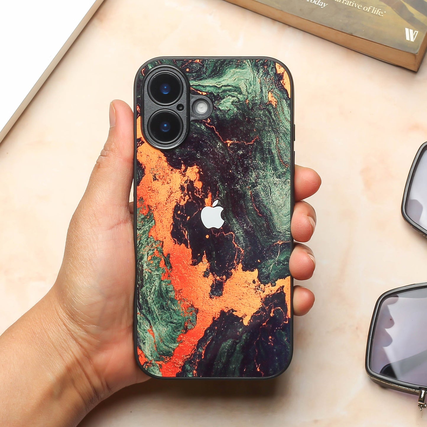 Green Golden elegance marble metal back case for Apple Iphone 16